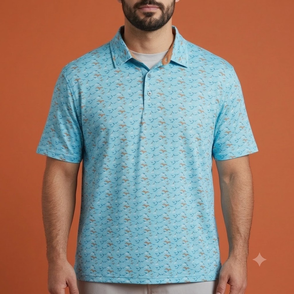 Hawke & Co Performance Golf Polo Shirt Mens 2XL Blue Bird Print Short Sleeve